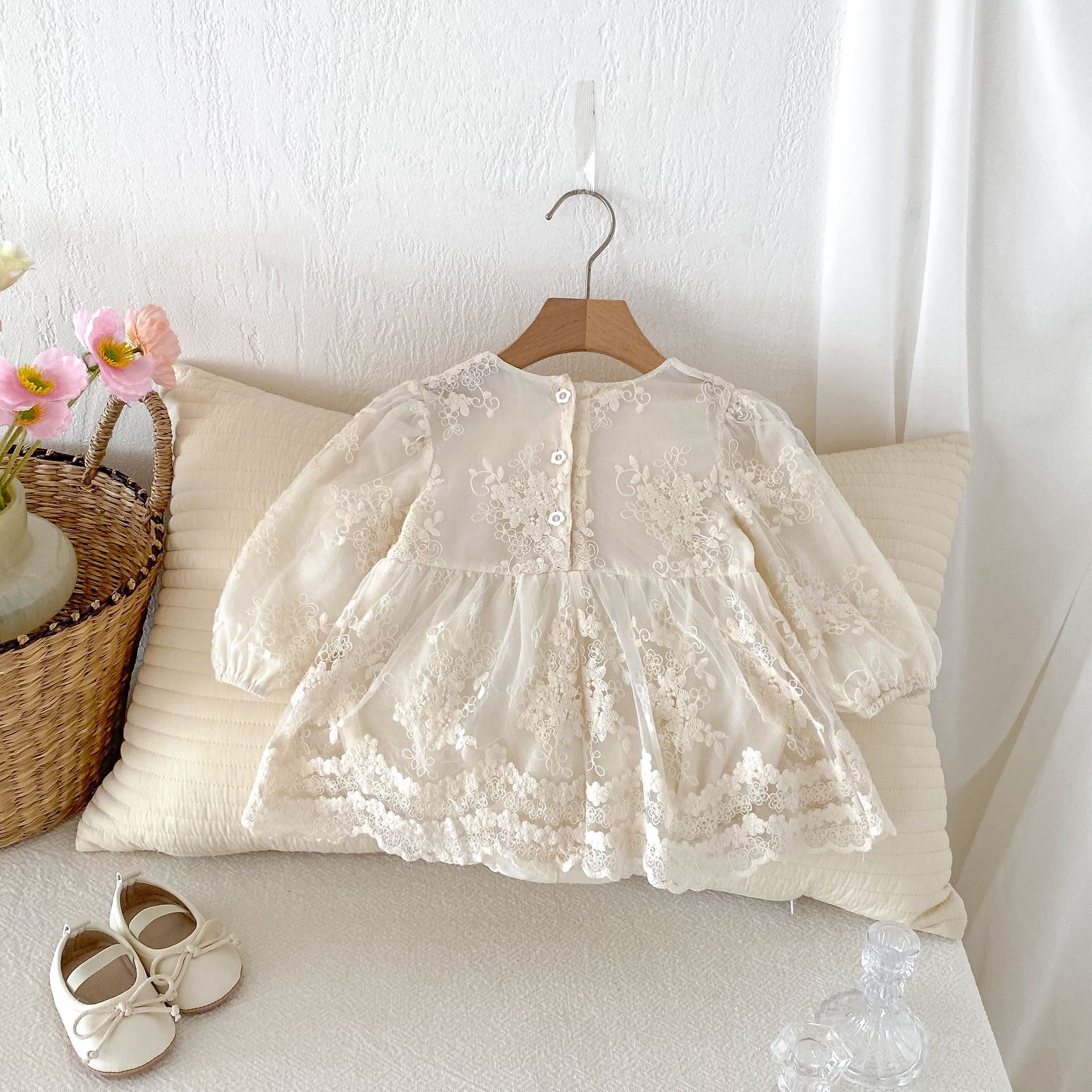 Baby Meisjes Romperjurk Met Tule – Bloemenborduur Met Ruches Lange Mouw 3 Tot 24 Maanden - KidsKorner