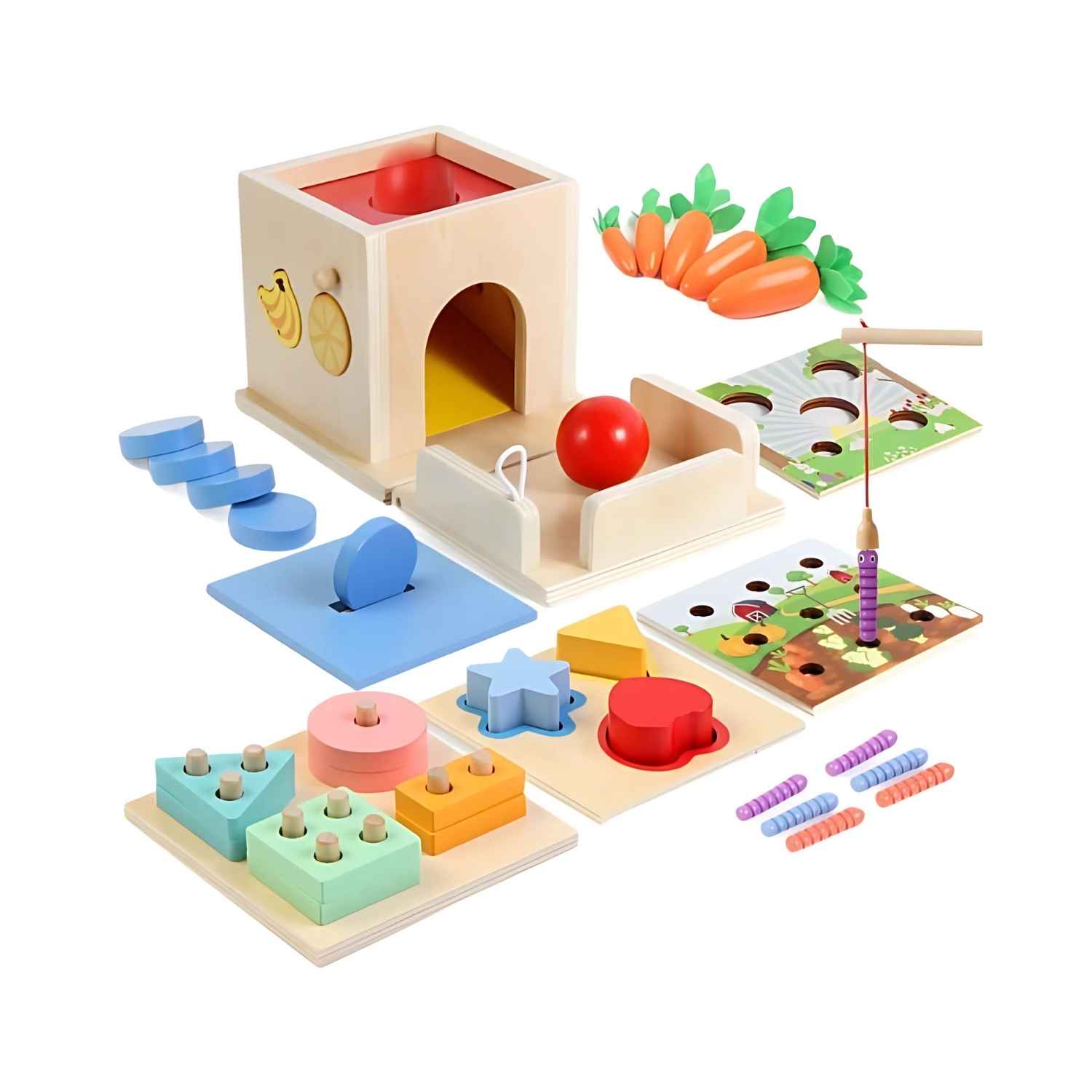 Montessori Activiteitenkubus Van Hout – 8 In 1 Motoriek Speelgoed Met Opbergtas 1–6 Jaar - KidsKorner