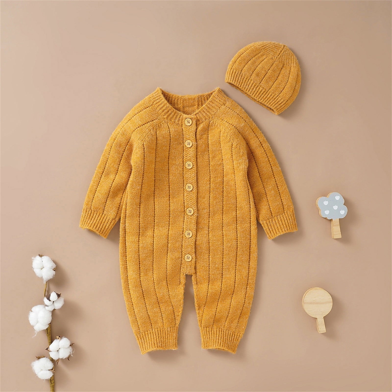 Warme Baby Romper Set Met Knopen En Muts - KidsKorner